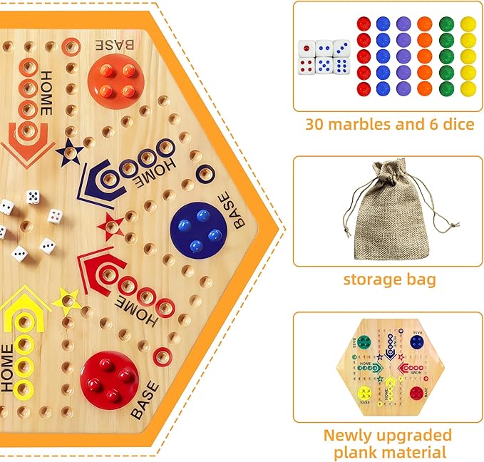 Wooden Board Game Board Game Original Marble Game Double Sided Painted 2 to 6 Player Fast Track Wooden with 6 Colors 24 Marbles 6 Dice for Adults Kids Family(24 INCH)