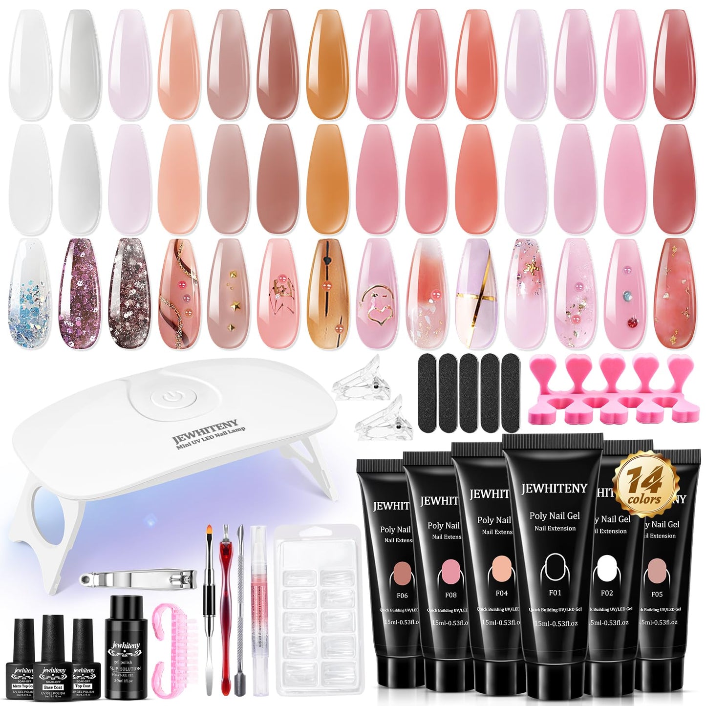 JEWHITENY Poly Extension Gel Nail Kit 14 PCS Poly Gel Kit with Slip Solution and Mini Lamp Nail Art Design Beginner