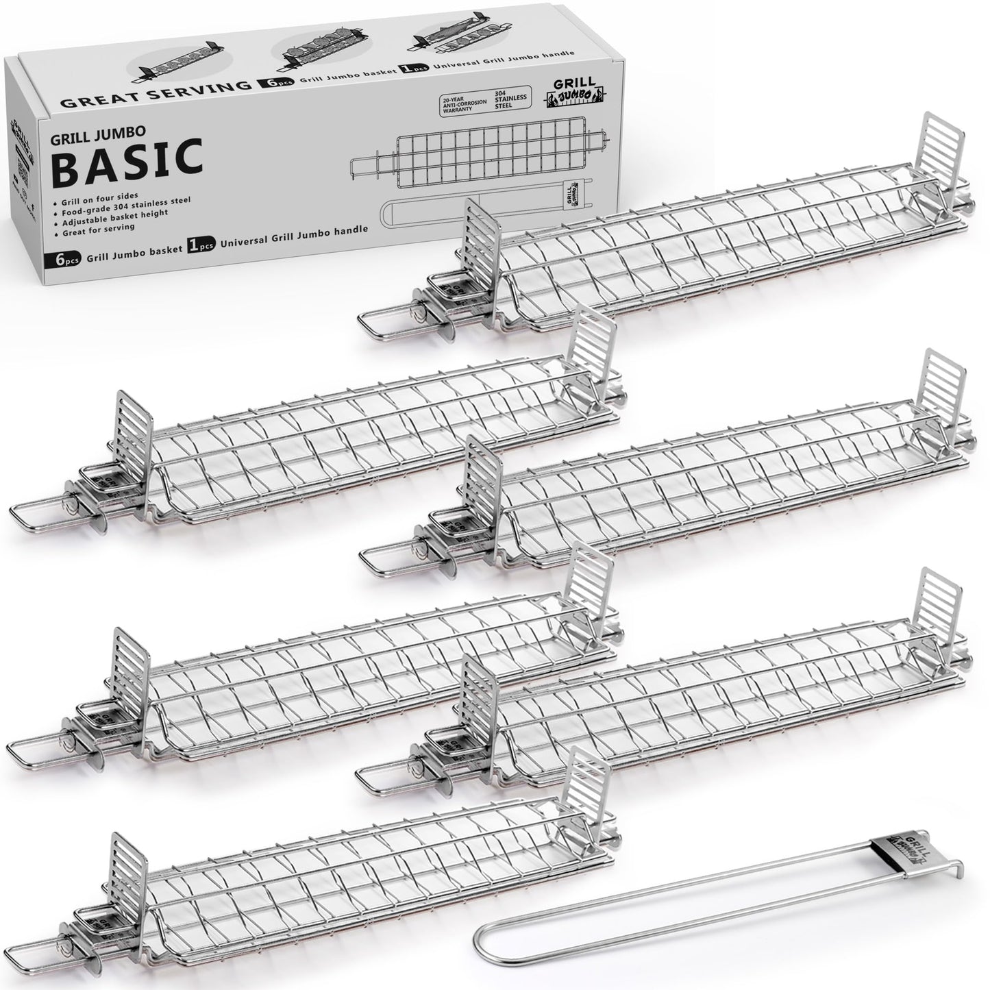 GRILL JUMBO - Set of Grate Basket Adjustable Meshes for Grilling for Charcoal, Gas Grill, Tandoor BBQ, Smoker for Home, Outdoor, Restaurant (Stainless steel, Grill Jumbo Basic)