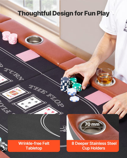 VEVOR Foldable Poker Table, 8 Player 72 in Folding Casino Leisure Table with Padded Rails and Cup Holders, Oval Portable Game Tables with Felt & Metal Legs, for Texas Hold'em Game and Blackjack
