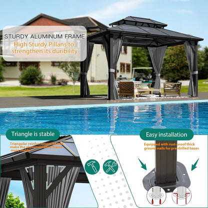 GAOMON 10'x13' Hardtop Gazebo, Outdoor Polycarbonate Double Roof Canopy, Aluminum Frame Permanent Pavilion with Curtains and Netting, Sunshade for Garden, Patio, Lawns (Gray)