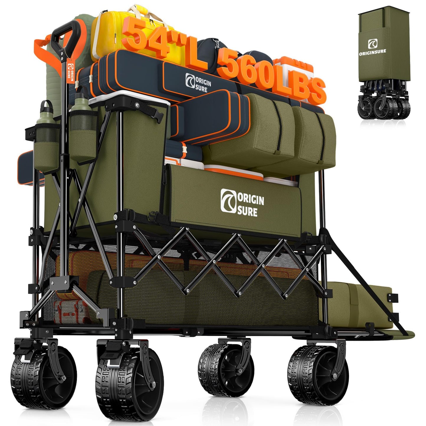 400L Double Decker Wagon Collapsible with 54" L Tailgate, 560lbs Heavy Duty Wagons Carts Foldable, Extra Large Folding Beach Wagon with Big All-Terrain Wheels for Camping, Sports, Groceries, Green