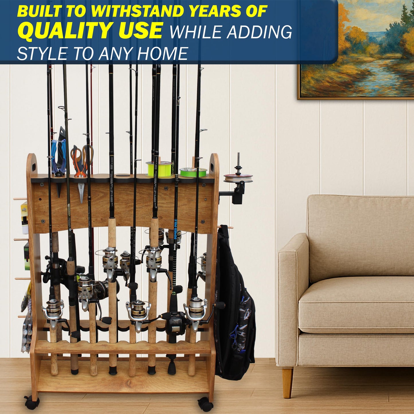 Rush Creek Creations 16-Rod Rolling Fishing Rod Rack with Line Spooler – Tackle Storage, Tool Holder, Lure & Line Organizer, Accessory Pegs – Portable Gear Station for Anglers