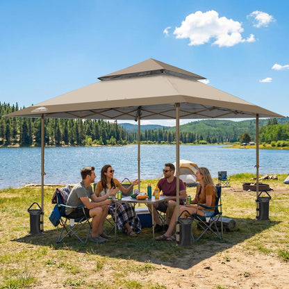 EAGLE PEAK 13x13 Straight Leg Pop Up Canopy Tent Instant Outdoor Canopy Easy Single Person Set up Folding Shelter w/Auto Extending Eaves 169 Square Feet of Shade (Beige)