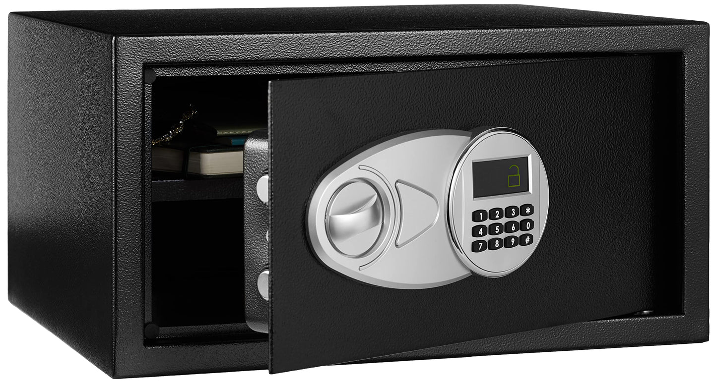 Amazon Basics Steel Security Safe Box with Digital Keypad, for Valuables, Cash, Jewelry, Documents, Removable Shelf, Black, 1 Cubic Foot, 16.9"x14.6"x9.1" (WxDxH)