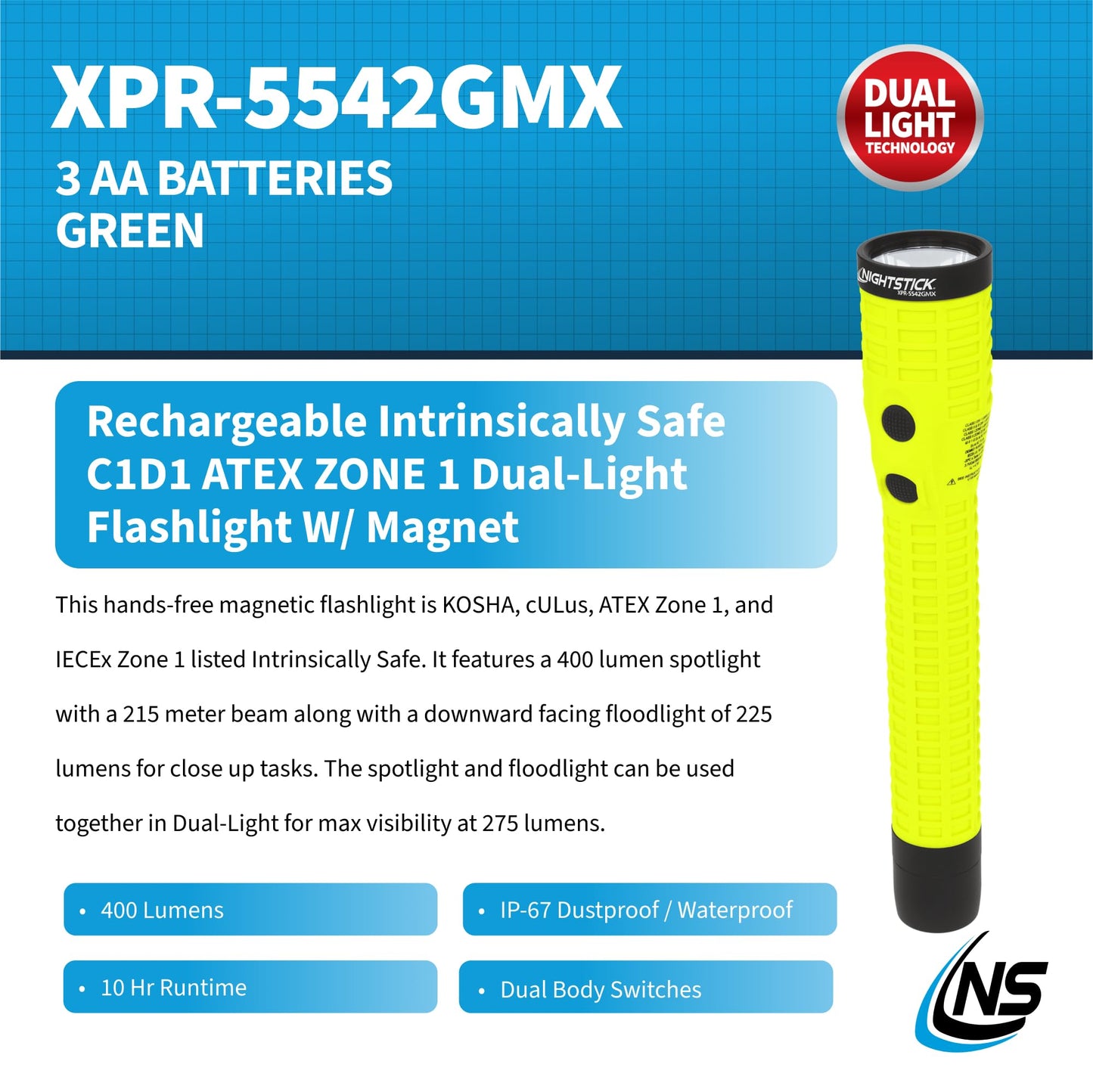 Nightstick XPR-5542GMX Intrinsically Safe Rechargeable Dual-Light Flashlight with Magnet, Green/Black