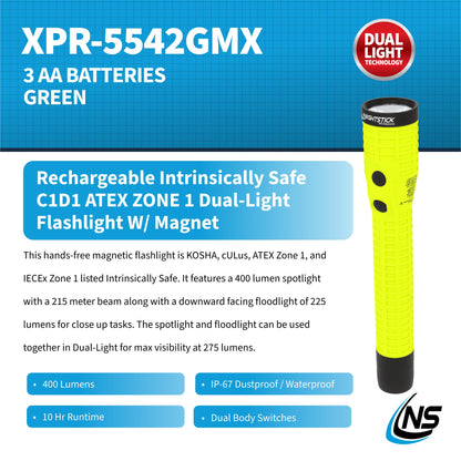 Nightstick XPR-5542GMX Intrinsically Safe Rechargeable Dual-Light Flashlight with Magnet, Green/Black