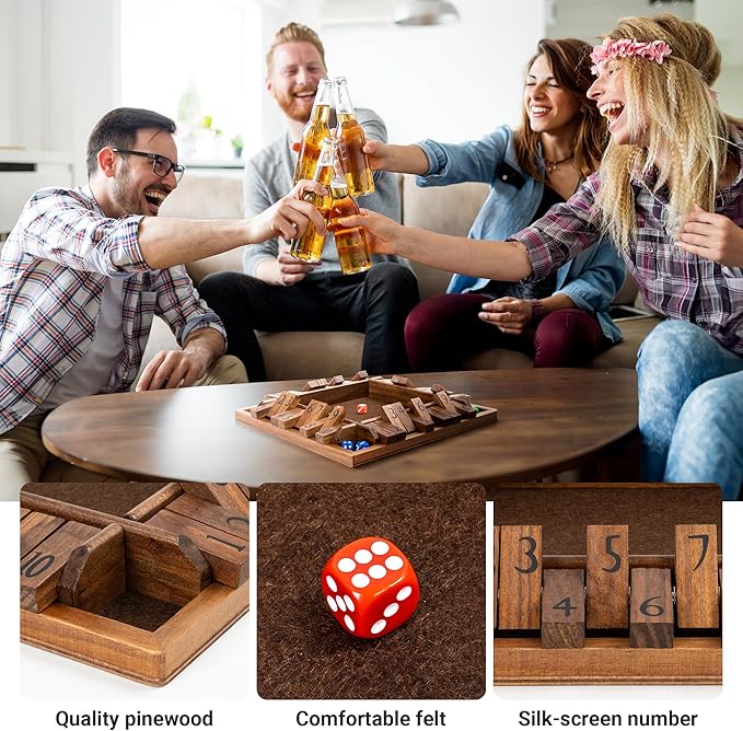 ropoda 12 Inches 4-Way Shut The Box Dice Board Game (2-4 Players) for Kids &amp Adults [4 Sided Large Wooden Board Game 8 Dice + Shut-The-Box Rules] Smart Game for Learning Addition