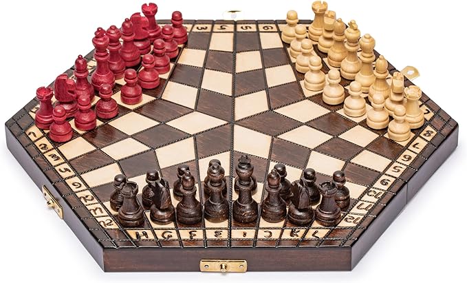 Husaria Wooden Three-Player Chess - 12 Inches - with Foldable Board Handcrafted Playing Pieces and Felt-Lined Storage