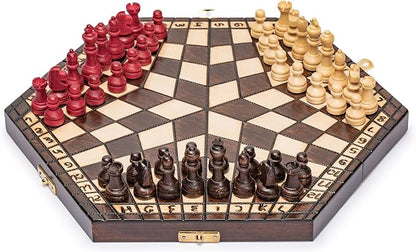Husaria Wooden Three-Player Chess - 12 Inches - with Foldable Board Handcrafted Playing Pieces and Felt-Lined Storage