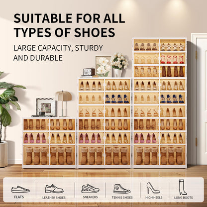 EHAMILY Foldable Shoe Rack Organizer 9-Tier, 27 Pairs Collapsible Shoe Storage Cabinet with Doors, Clear Plastic Stackable Shoe Organizer for Closet, with Boots Space, Easy Tool-Free Assembly, White