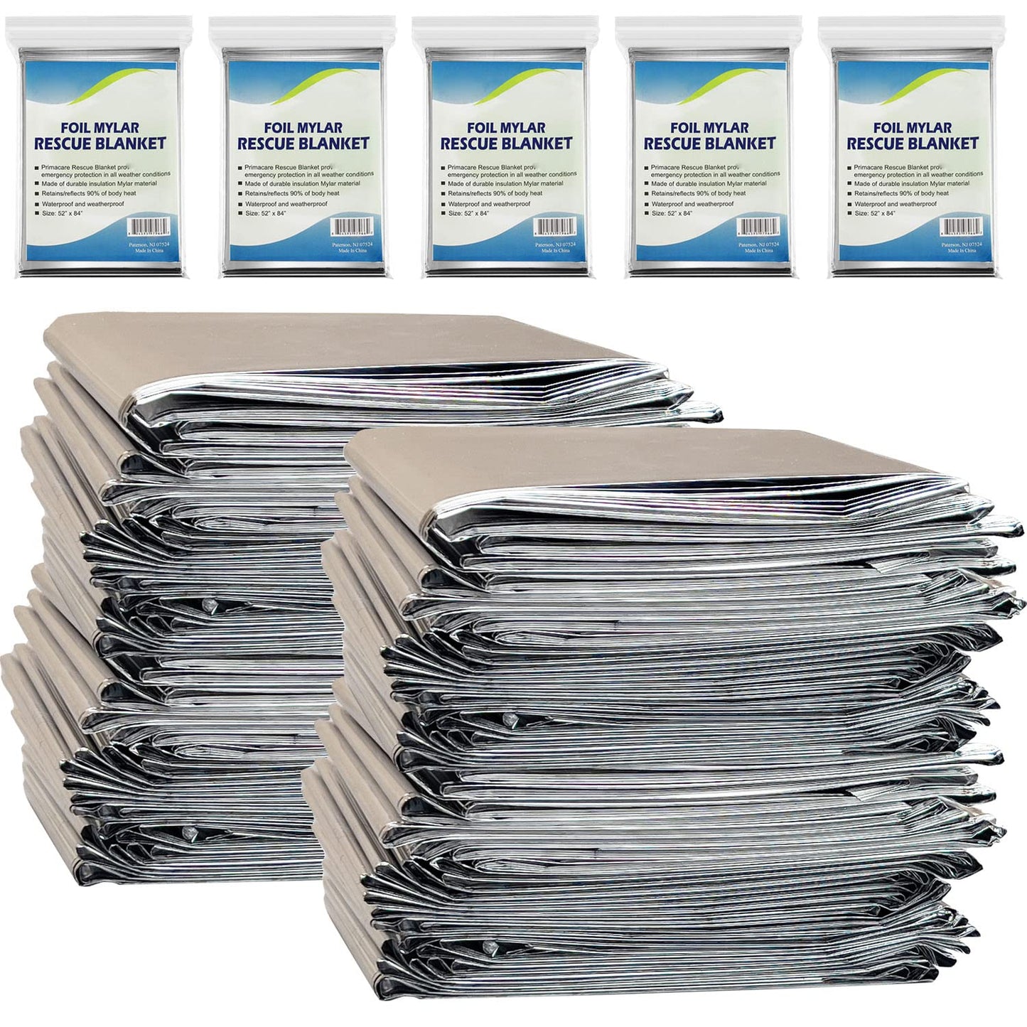 NOVAMEDIC Emergency Mylar Foil Thermal Blankets - Pack of 200, 84"x52", Individually Wrapped, Waterproof Survival Blanket for Camping, Outdoors, First Aid Kit & Travel, Lightweight & Compact, Silver