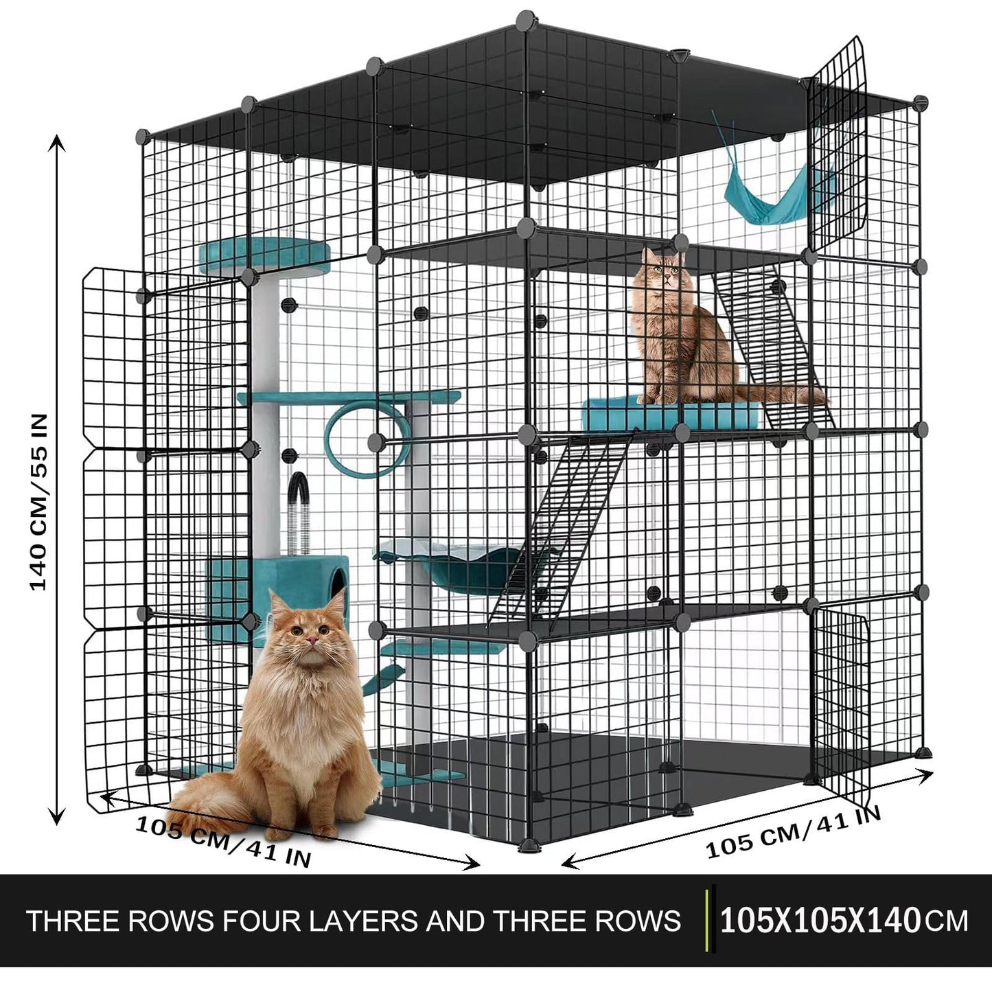Large Cat Cage Enclosure Indoor DIY Cat Playpen Pet Home Small Animal House Detachable Metal Wire Kennels Crate Large Exercise Place Ideal for 1-4 Cat (Black, 41.3" Lx41.3 Wx55 H, 1)