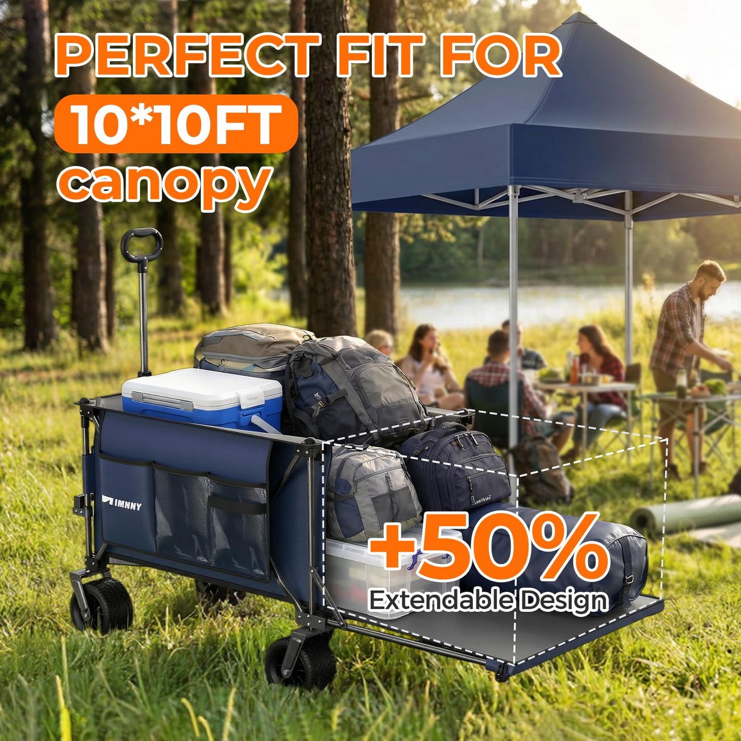 Aimnny 55" Collapsible Wagon with Tailgate & Brakes - 500LBS Heavy Duty Multi-Terrain Cart, 300L Foldable Utility Wagon with Cup Holders & Side Pockets for Beach Sand Camping Sports Shopping (Blue)
