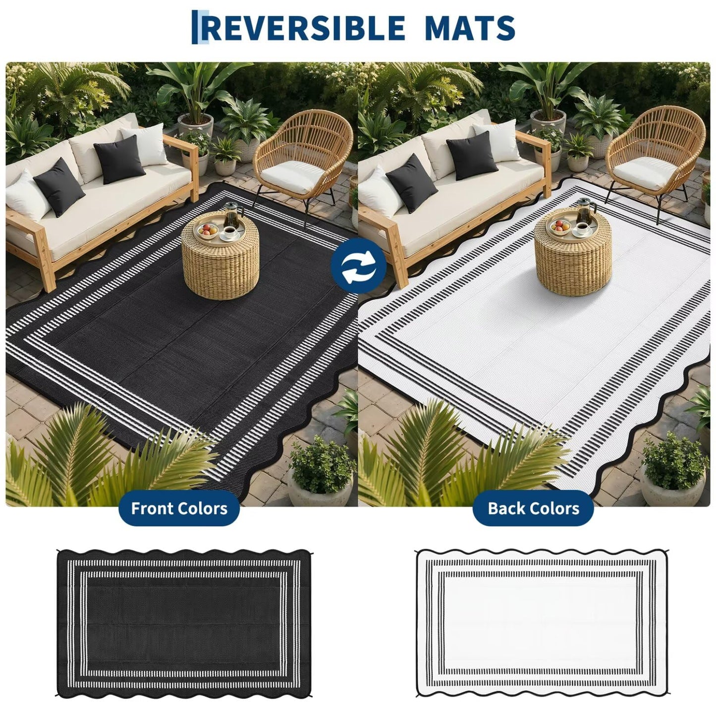 Garvee Waterproof Outdoor Rug 9x18, Scalloped Geometric Foldable Plastic Straw Patio Camping Rug, Outdoor RV Carpet for Deck Camper Porch Balcony Backyard Picnic Beach Black and White