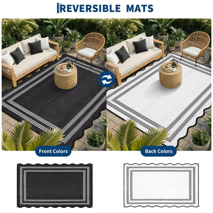 Garvee Waterproof Outdoor Rug 9x18, Scalloped Geometric Foldable Plastic Straw Patio Camping Rug, Outdoor RV Carpet for Deck Camper Porch Balcony Backyard Picnic Beach Black and White