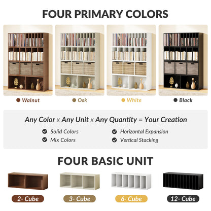 IOTXY DIY Modular Cube Bookcase - CubeXY Customizable Stackable Expandable Combination Set, 23-Cube Open Bookshelf for Books, Fabric Storage Bin, and 7/10-inch Vinyl Record Organizer, Black