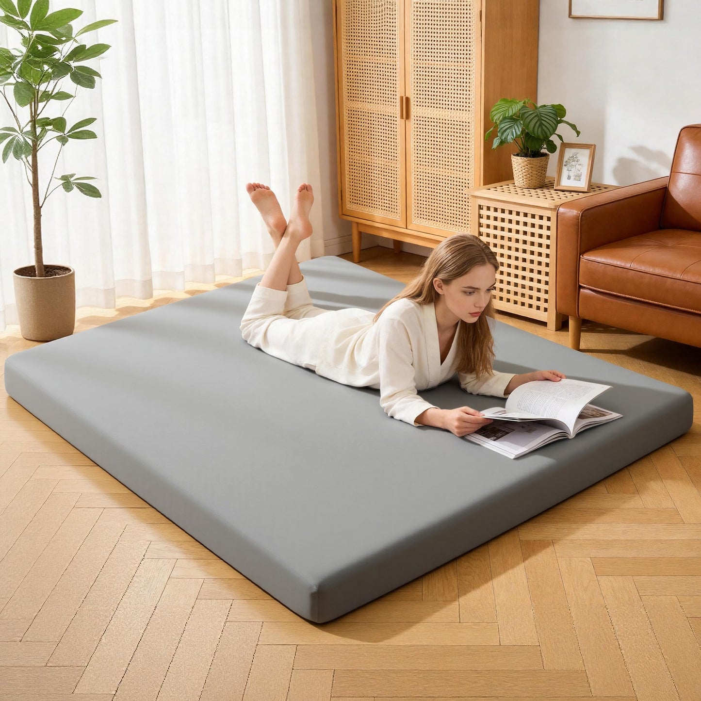 HOMBYS Japanese Floor Mattress Futon, 6" Thick Tatami Sleeping Pad with Memory Foam + High-Density Support Foam, Foldable Roll Up Mat for Adults Kids, Guest Bed Dormitory Tent Camping, Grey