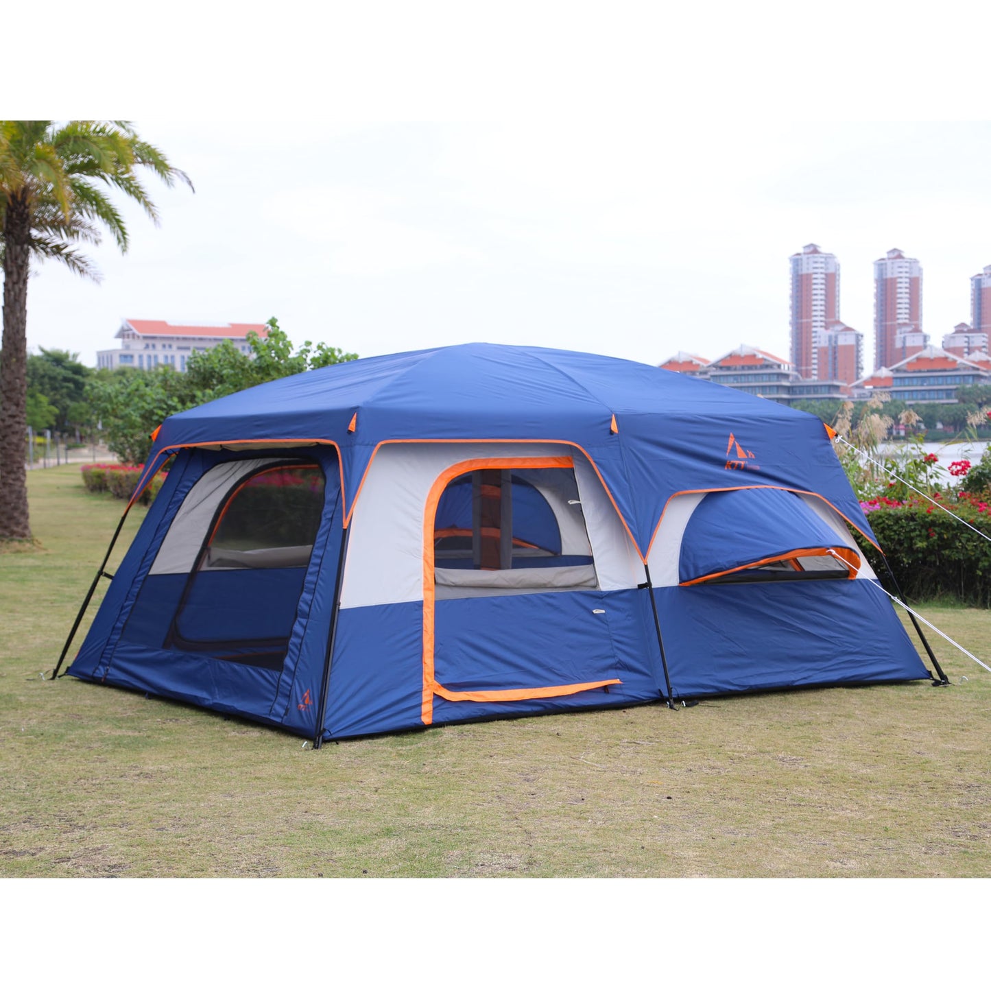 KTT Extra Large Tent 12 Person,Family Cabin Tents,2 Bay-Windows,2 Rooms and 3 Doors 3 Windows with Mesh,Waterproof,Straight Wall,Double Layer,Big Tent for Outdoor,Picnic,Camping(Dark Blue)