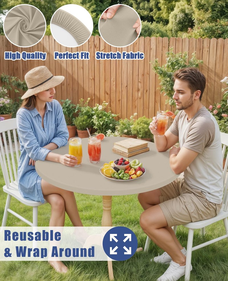 Moosfor Round Spandex Tablecloth, Elastic Fitted Waterproof Tablecloths for 31"-35" Tables, Stretch Washable Picnic Table Cover for Camping, Dining, Indoor and Outdoor, Taupe