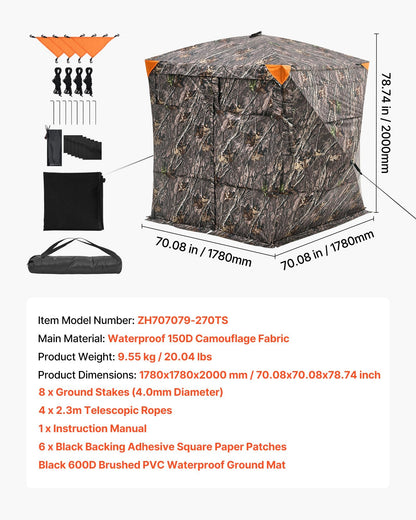 VEVOR Hunting Blind, 4-5 Person See Through Ground Blinds with Carrying Bag, 270 Degree Portable Camouflage Tent, Durable Concealed Shelter with Silent Magnetic Door and Window, for Turkey and Deer