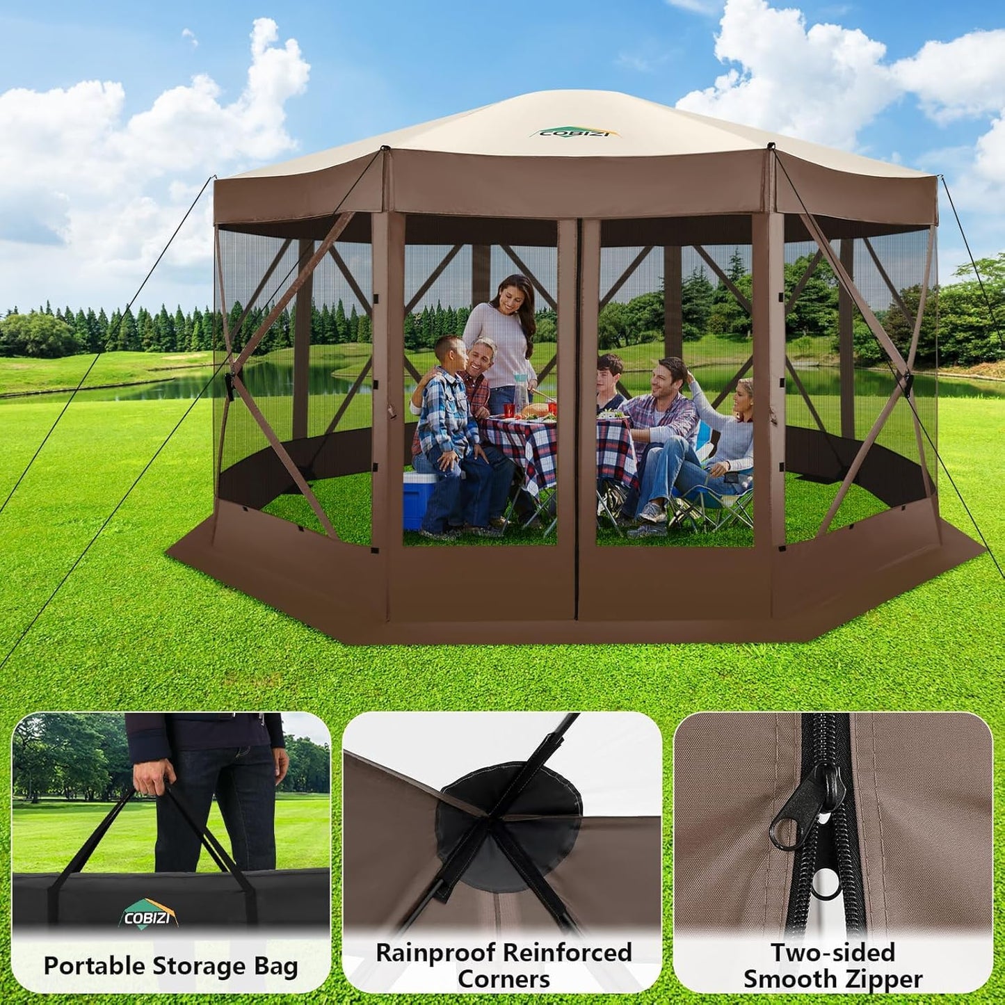 COBIZI Pop Up Gazebo Screen Tent Screen House for Camping, 15x15 Screen Room with Mosquito Netting, Hub Tent Instant Screened Canopy with Carrying Bag and Ground Stakes, Brown