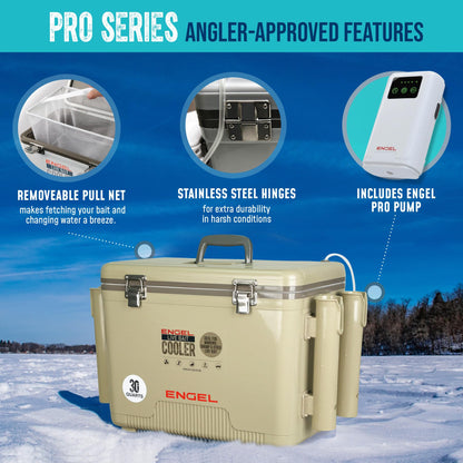ENGEL 7.5 Quart Live Bait Cooler PRO for Fishing - Portable Minnow and Bait Bucket with Lithium-Ion Rechargeable Aerator - Tan (7.5Qt)