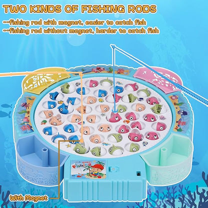 Magnetic Fishing Game Toys Rotating Board Game with Music Including 45 Fishes and 8 Fishing Poles Christmas Party Game Toys for Kids Age 3 4 5 6 7 and Up