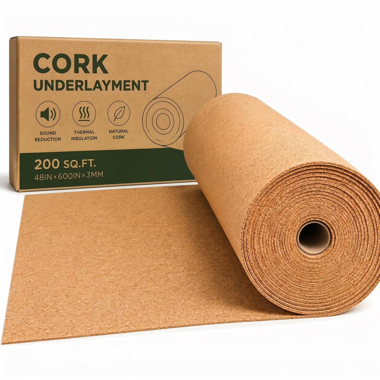 200 Sq. Ft. Cork Roll 48 x 600 Inch Cork Underlayment Roll Sound Insulation Mildew and Moisture Proof for Office Home School DIY Supplies(3mm Thick)