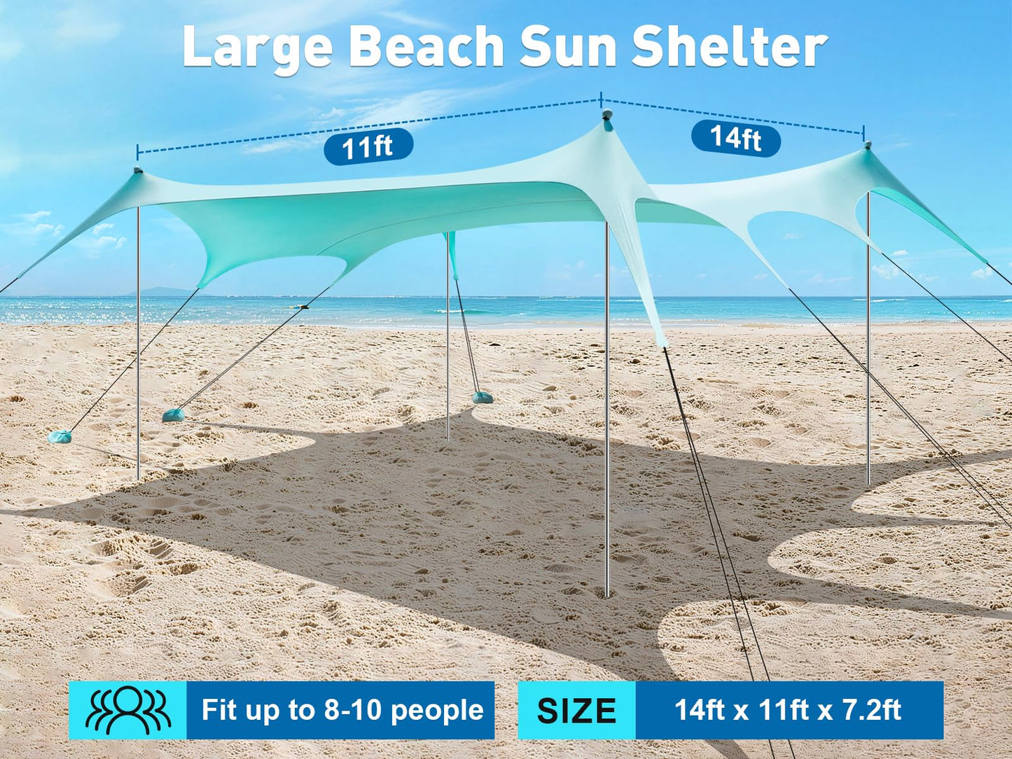 Beach Tent Sun Shelter 14 x 11FT, UPF50+ Protection Beach Shade Canopy with 8 Sandbags, Sand Shovel, Ground Pegs & Stability Poles, Beach Canopy for Camping, Fishing, Picnics, Trips
