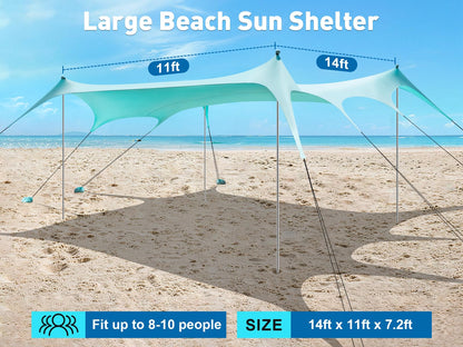 Beach Tent Sun Shelter 14 x 11FT, UPF50+ Protection Beach Shade Canopy with 8 Sandbags, Sand Shovel, Ground Pegs & Stability Poles, Beach Canopy for Camping, Fishing, Picnics, Trips