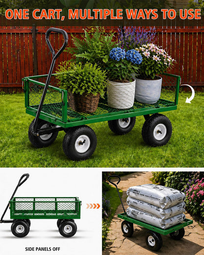 A A IN 600 lbs Heavy Duty Metal Garden Cart, Pull able Yard Wagon with Removable Mesh Sides, 180° Rotating Handle & 10" Wheels, Green
