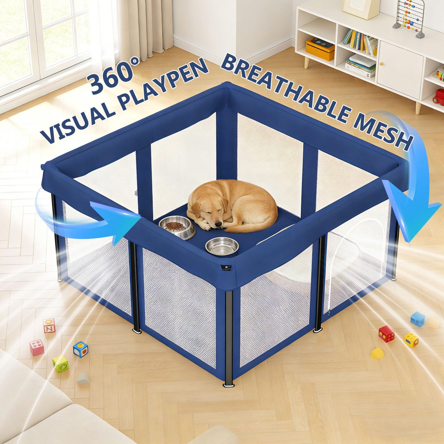 50x50x25.6 Inches Puppy Playpen with Gate, Foldable Dog Playpen for Puppies or Small Dogs, Pet Fence with Thickened Fabric, for Indoor Outdoor (Blue)