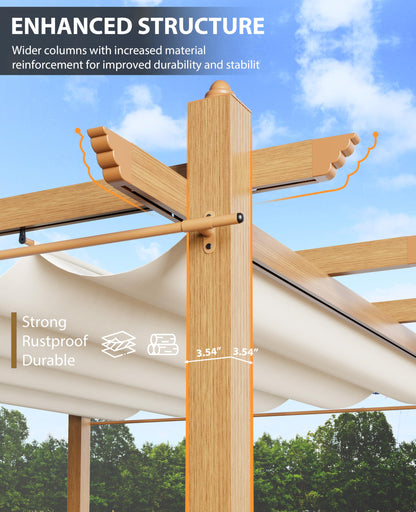 Garvee 10x13 ft Outdoor Retractable Pergola with Canopy and Side Mesh Screen, Upgraded Wood-Grain Post Aluminum Pergola, Modern Pavilion for Backyard, Patio, Porch, Grape Trellis, Beige+White