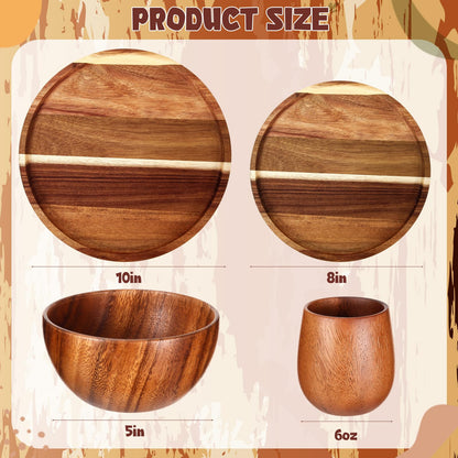 Maxdot 24 Pcs Acacia Wood Dinnerware Set, Round Wooden Plates, Solid Wooden Bowls and Tea Cups, Acacia Wood Tableware Supplies, Lightweight for Dishes Snack, Dessert, Set for 4