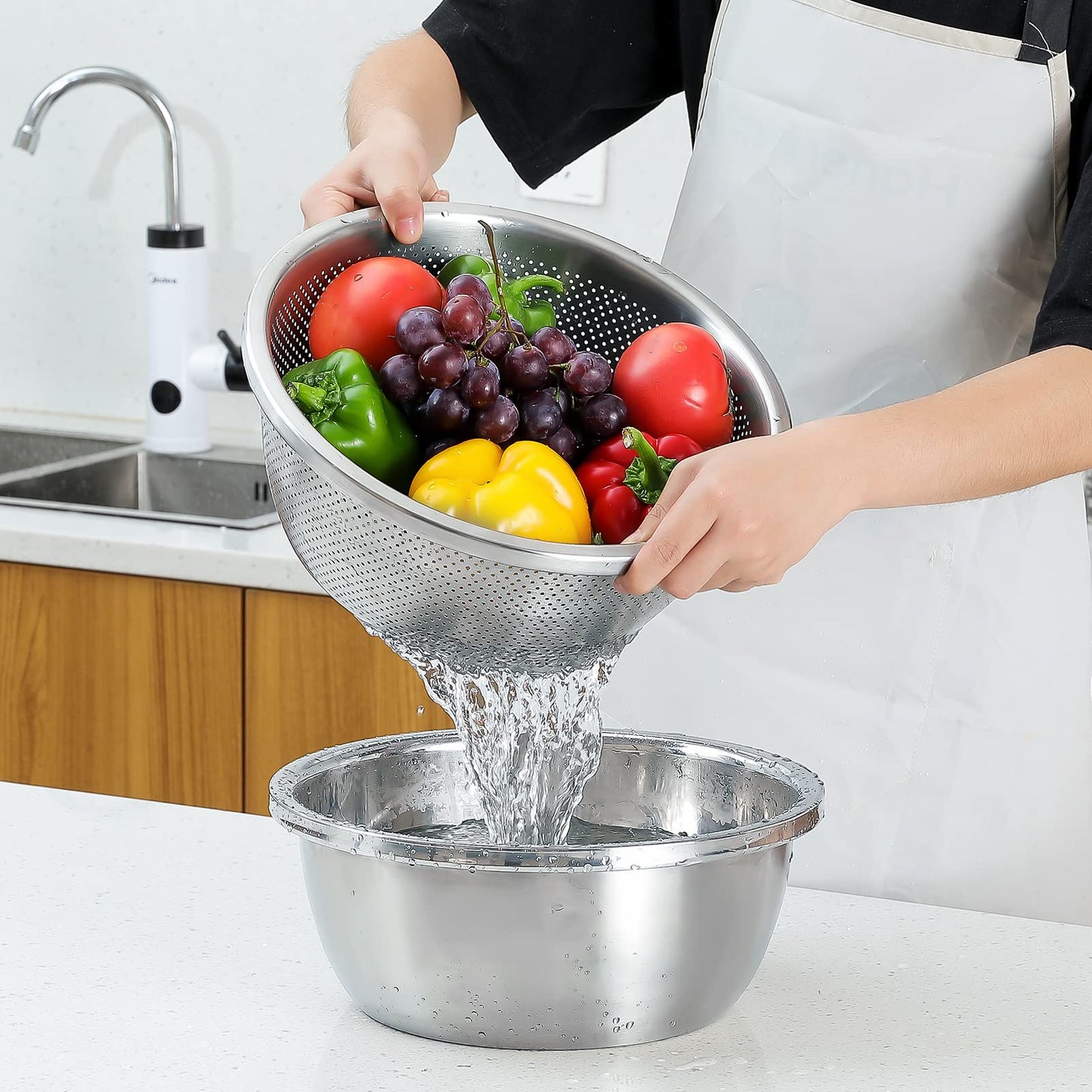 Paoli 304 Stainless Steel Fine Mesh Colander Set, 4.5QT Large Capacity Strainer with Mixing Bowl — Rinse Fruits, Veggies, Rice & Drain Pasta, Dishwasher Safe (2-Piece)