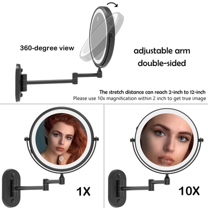 Ruacq Rechargeable Wall Mounted Makeup Mirror with Lights, Double Sided 1X/10X Magnifying Vanity Mirror with 3 Color Lighting, Touch Screen Dimmable, 360° Rotation Extension Foldable Arm(Matte Black)