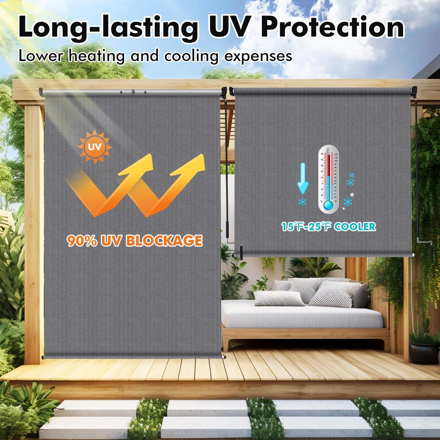 Artpuch Outdoor Roller Shade 9' W x 8' H, Gray Exterior Cordless Patio Shades Roll Up Blinds with Spliced Pole Design, One-Piece Fabric