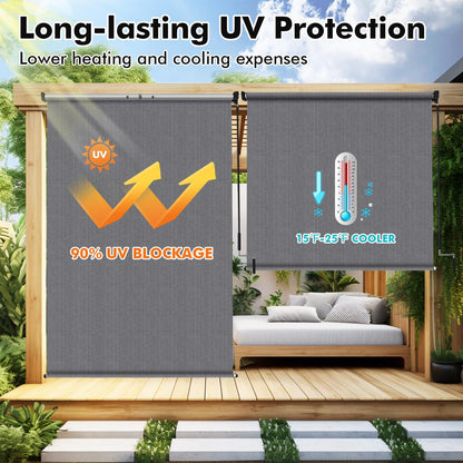 Artpuch Outdoor Roller Shade 9' W x 8' H, Gray Exterior Cordless Patio Shades Roll Up Blinds with Spliced Pole Design, One-Piece Fabric