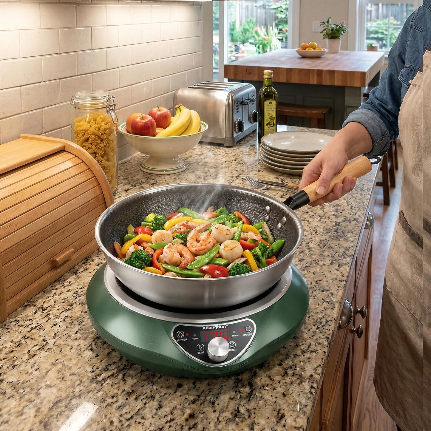 Abangdun 1700W 120V Concave Induction Wok Cooktop with Stainless Steel Wok, Non-Pulse Continuous Heating, 16 Power Levels, Portable Countertop Burner for Round-Bottom Woks & Stir-Fry Cooking