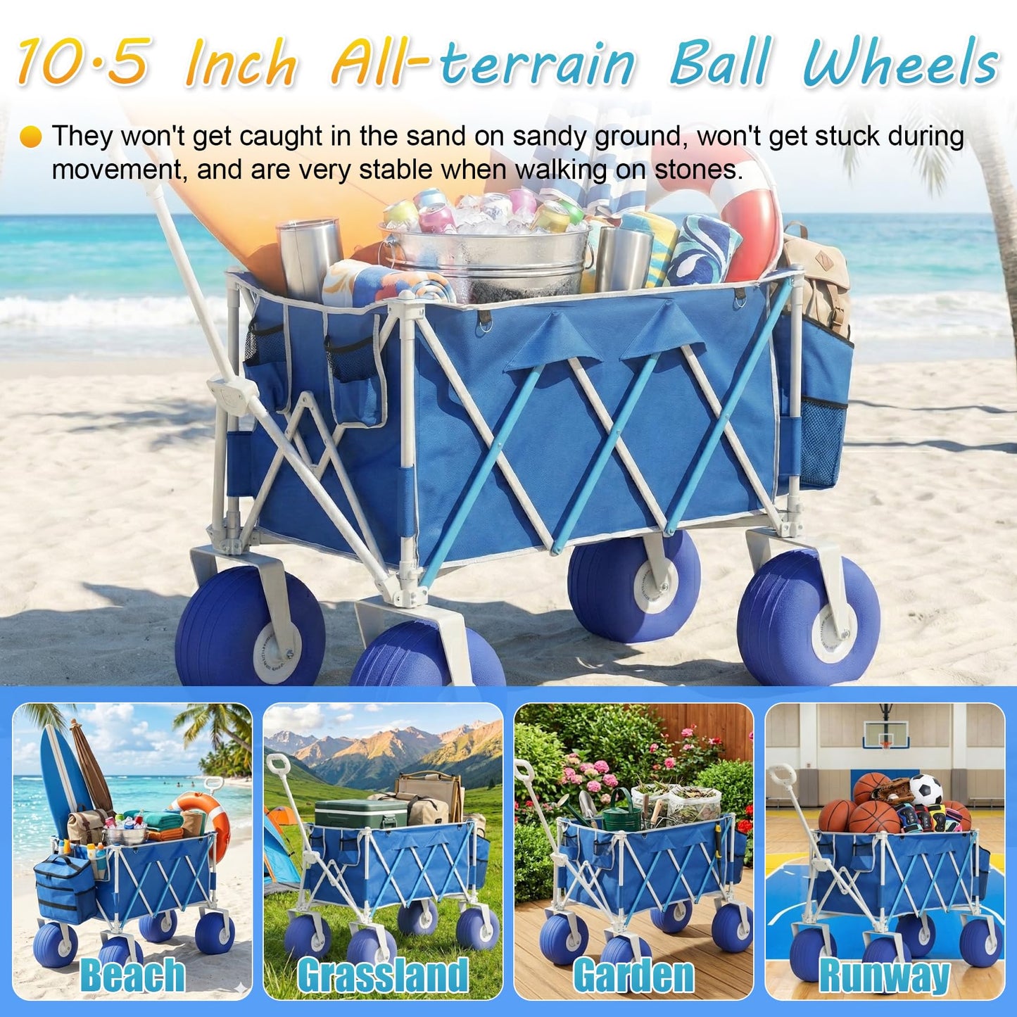 Beach Wagon with Big Wheels for Sand, Heavy Duty 350lbs Folding Beach Wagon with 10.5" All-Terrain Inflatable Wheels, Utility Cart for Camping, Outdoor Shopping, Garden & Sports, Includes Air Pump