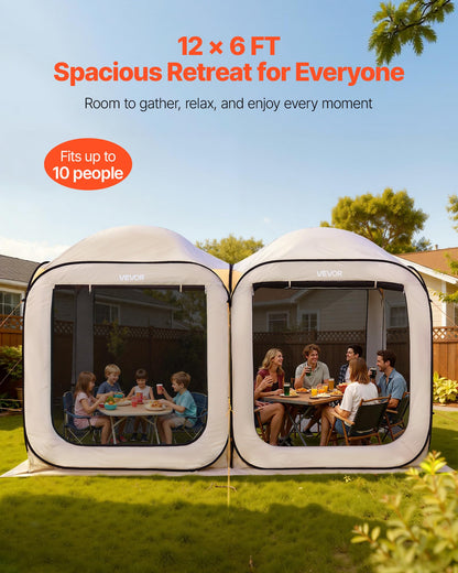 VEVOR Pop up Screen House Tent, 12 x 6 ft, 2 in 1 Screen Gazebo, Portable Screened in Canopy with Carry Bag, Netting Sides, Ground Stakes, for Garden, Patio, Backyard, and Outdoor Activities, Beige