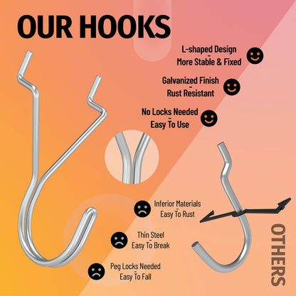 HUHOLE Pegboard Hooks, J-Hook, 1 Inch Silver Pegs 40 Pack, Ideal Display Hooks for Hanging Jewelry, Necklaces, Keys, Small Tools, Will Not Fall Out, Fit 1/8”, 3/16” Peg Boards