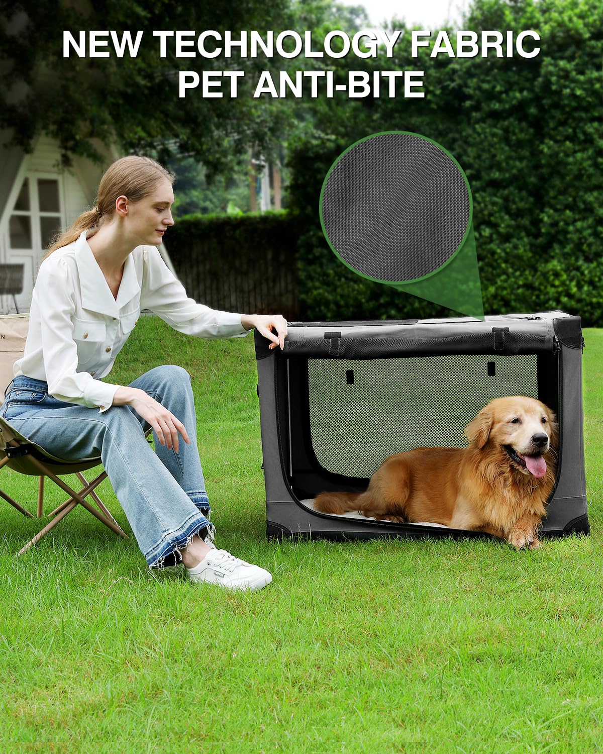 33 x 25 x 25 Inch Collapsible Soft Dog Crate for Dogs Up to 70 lbs, Portable Travel Pet Kennel with 4 Zip Doors, Foldable Indoor Outdoor Crate with Mat, Carry Bag, Grey