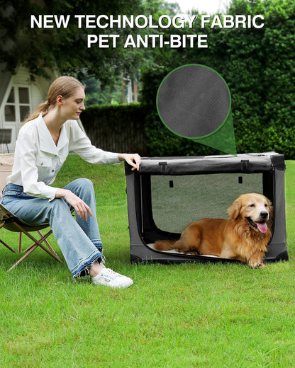 33 x 25 x 25 Inch Collapsible Soft Dog Crate for Dogs Up to 70 lbs, Portable Travel Pet Kennel with 4 Zip Doors, Foldable Indoor Outdoor Crate with Mat, Carry Bag, Grey