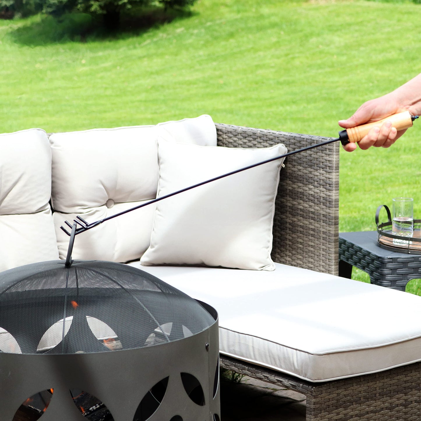 Sunnydaze 24” Round Rust-Resistant Stainless Steel Spark Screen with Handle and 26” Steel Fire Pit Poker Stick with Wood Handle