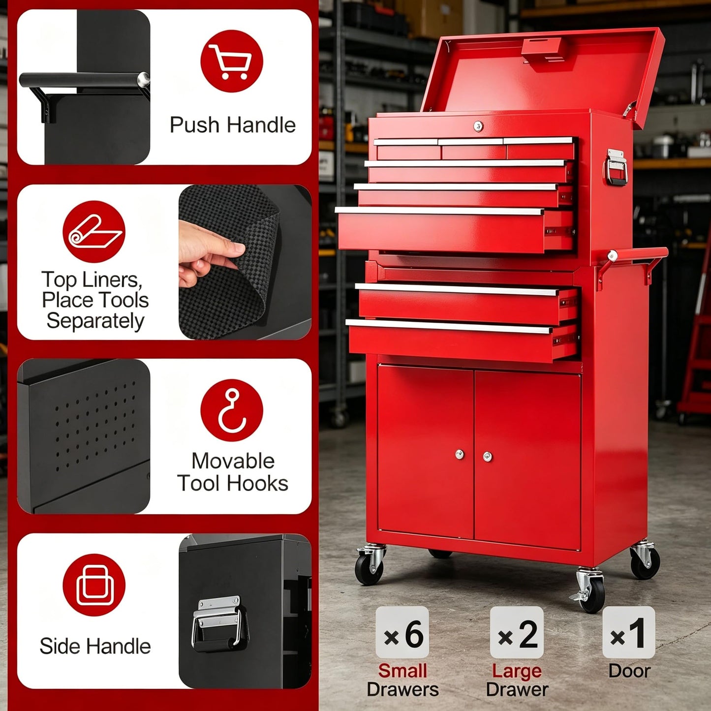 Garvee 8-Drawer Rolling Tool Chest, 2-in-1 High Capacity Tool Storage with Detachable Top Cabinet, Locking System, Wheels and Liners for Garage, Workshop, Red