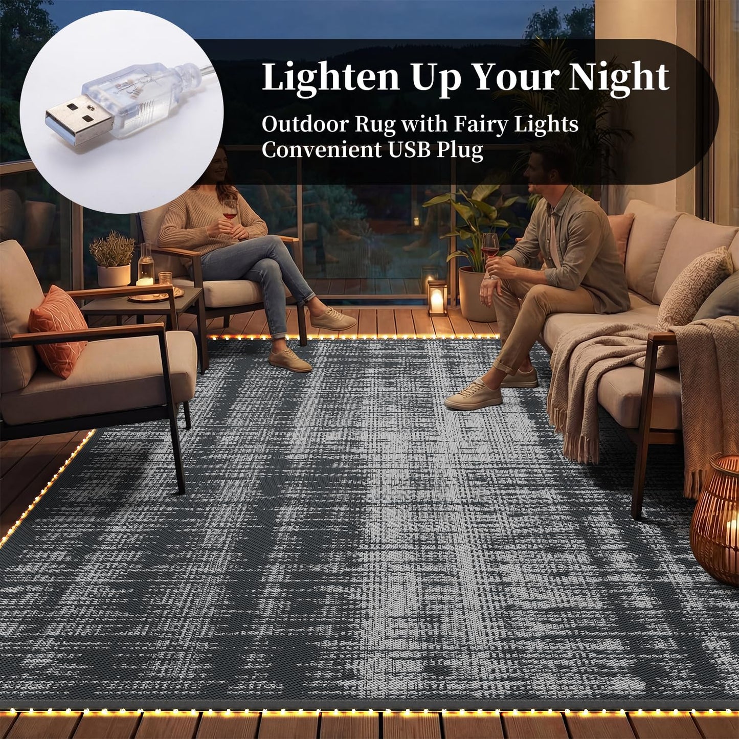MontVoo Outdoor Rug Waterproof 9x12 ft with Strip Lights Outdoor Patio Rug Mat Reversible Plastic Straw Rug Outside Outdoor Rug for RV Camping Picnic Balcony Backyard