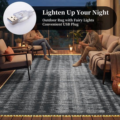 MontVoo Outdoor Rug Waterproof 9x12 ft with Strip Lights Outdoor Patio Rug Mat Reversible Plastic Straw Rug Outside Outdoor Rug for RV Camping Picnic Balcony Backyard