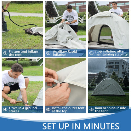 JEEFHO New Inflatable Frameless Foldable Tent. 210D Waterproof for Camping. Durable, Portable and Easy to Set up, Ideal for Hiking and Road Trips. with a Large-bore Manual Pump with Pressure Gauge